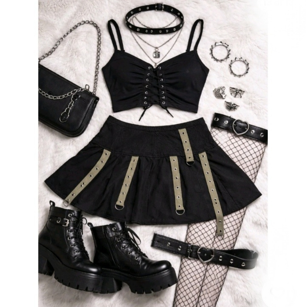Social Collision Gothic Mini Skirt Strappy D-Ring Black Punk Grunge Alt Y2K 26"